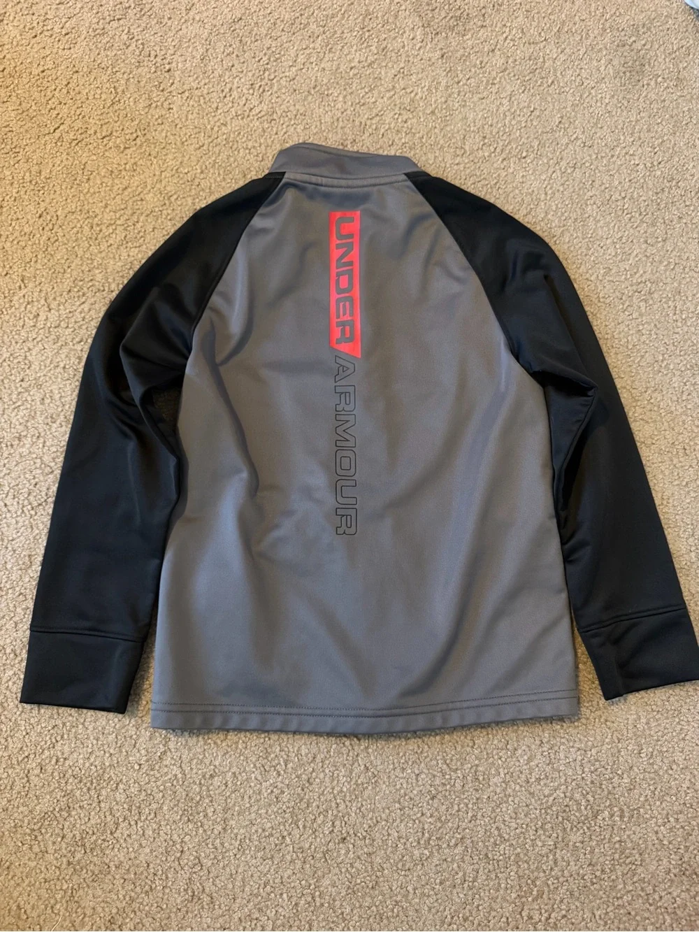 Under Armour Gray & Black Kids Full-Zip Athletic Jacket with Red Logo Accents